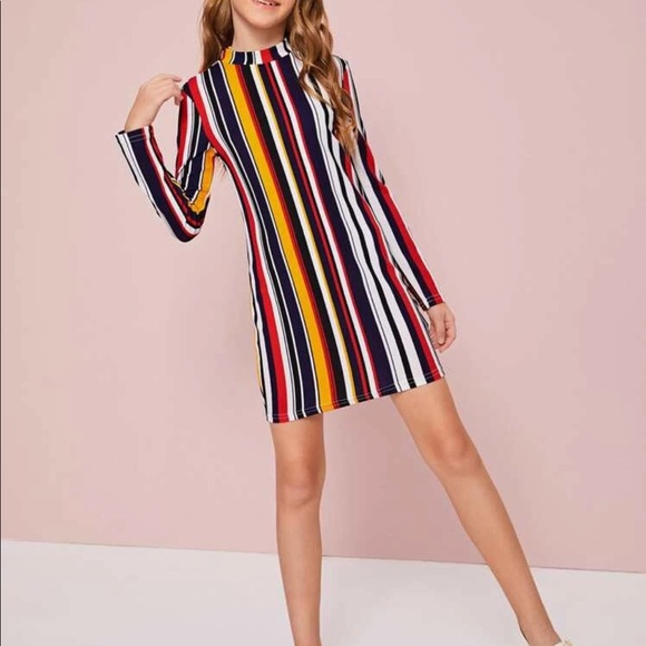 Girls Mock Neck Colorful Striped Dress - Picture 6 of 7